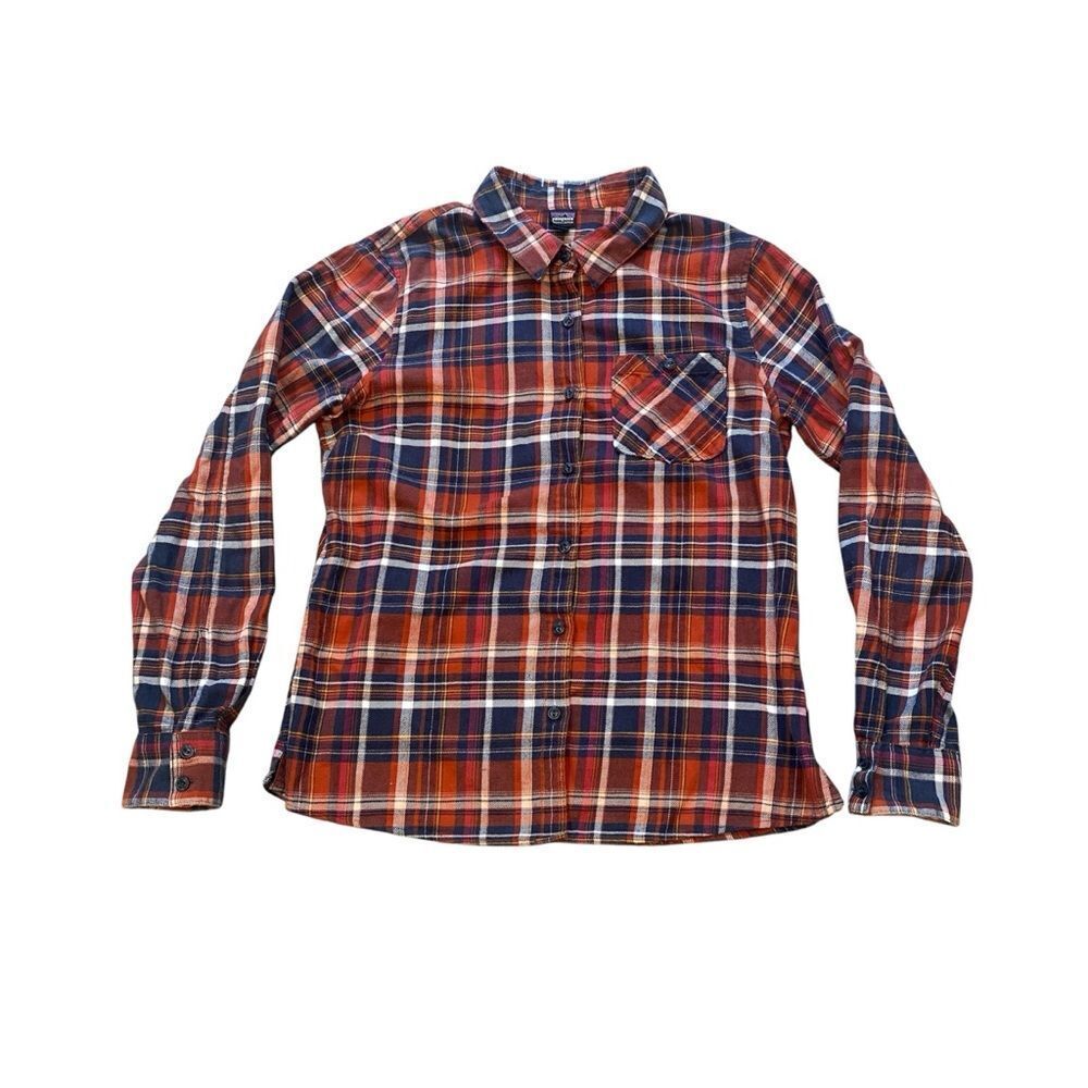 Patagonia Organic Cotton Plaid Flannel Shirt Orange Navy Blue Womens Size 8